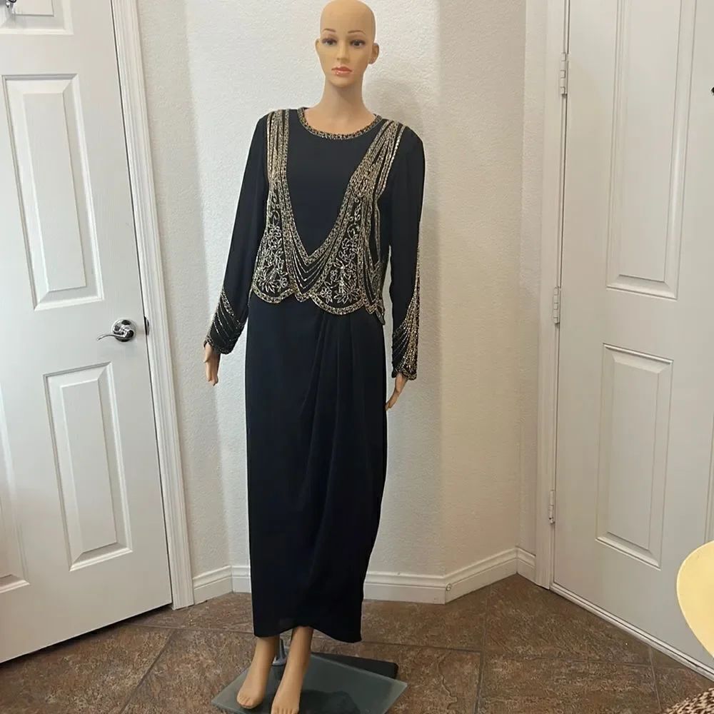 Black Gold Beaded Evening Formal Event Cruise Dress Scoop Neck Long Sleeve M/L
